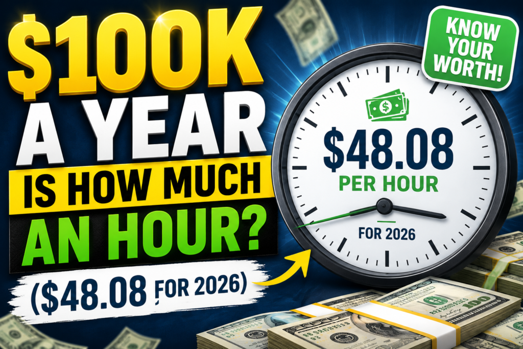 $100K a year salary converted to hourly pay showing $48.08 per hour in 2026 with a clock and money graphics