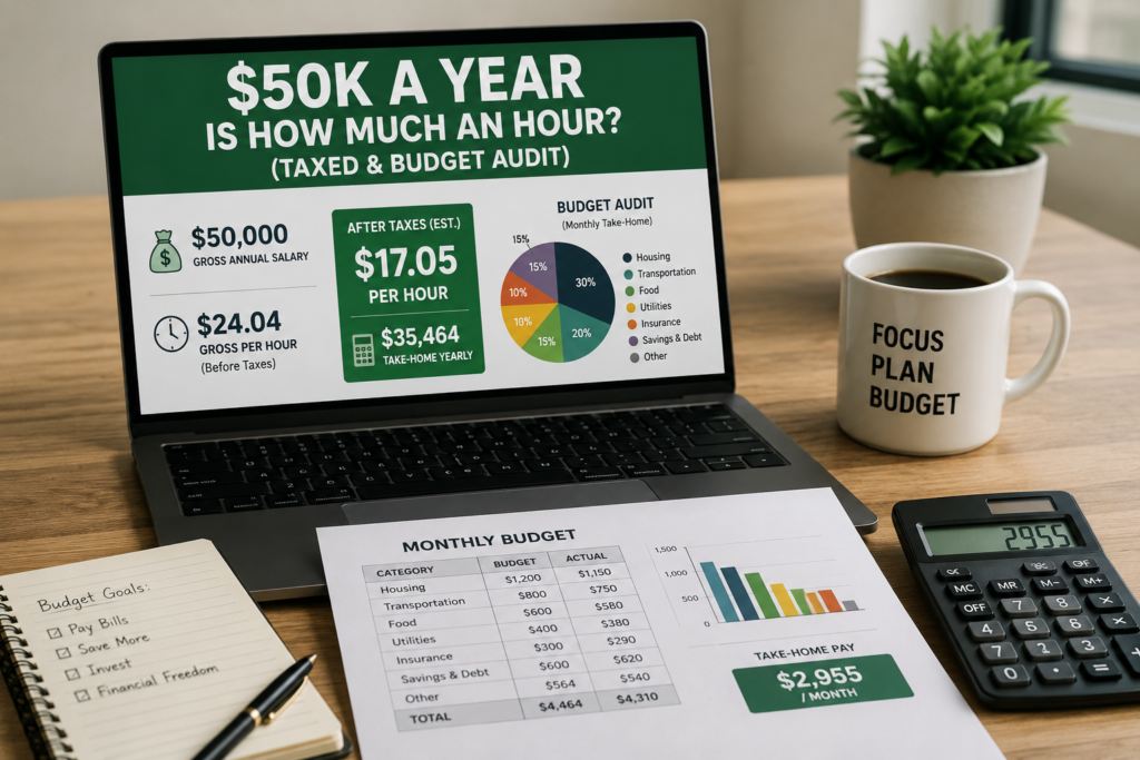 $50,000 a year salary converted to hourly pay showing hourly wage after taxes with budget breakdown and money calculator graphic