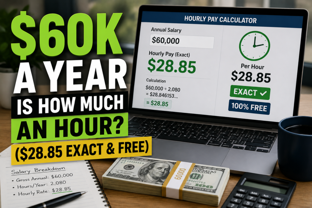 $60,000 a year salary converted to hourly pay showing $28.85 per hour exact calculation with salary calculator and money graphics