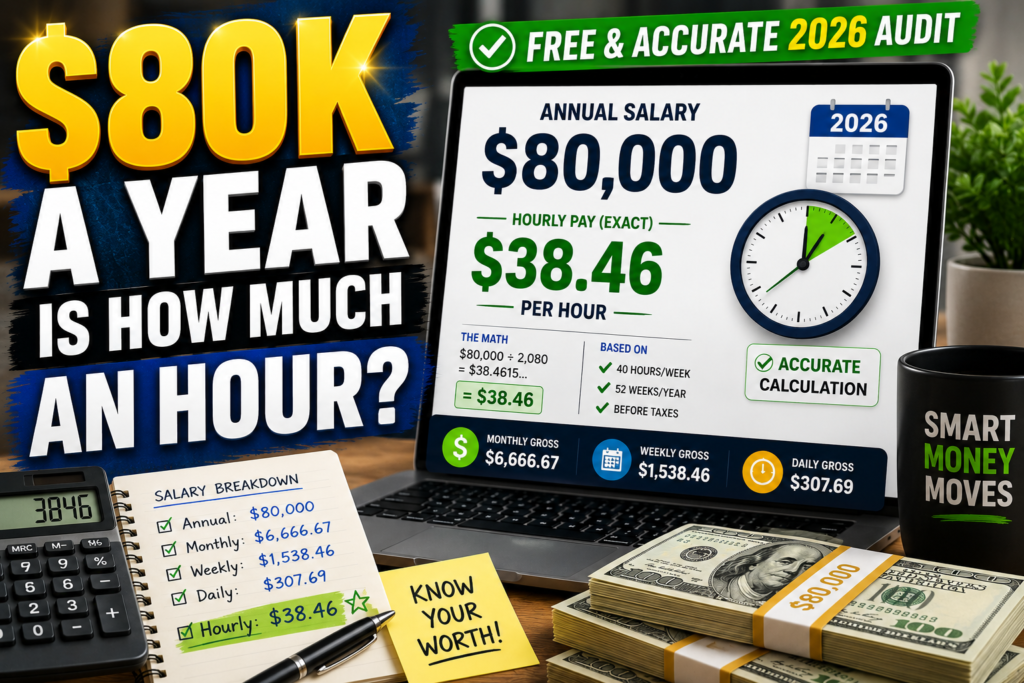 $80,000 a year salary converted to hourly pay showing accurate hourly rate in 2026 with salary calculator and financial breakdown