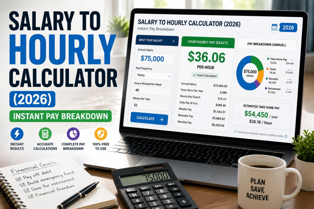 Salary to hourly calculator 2026 showing instant pay breakdown with yearly income conversion, hourly wage, and salary calculator dashboard